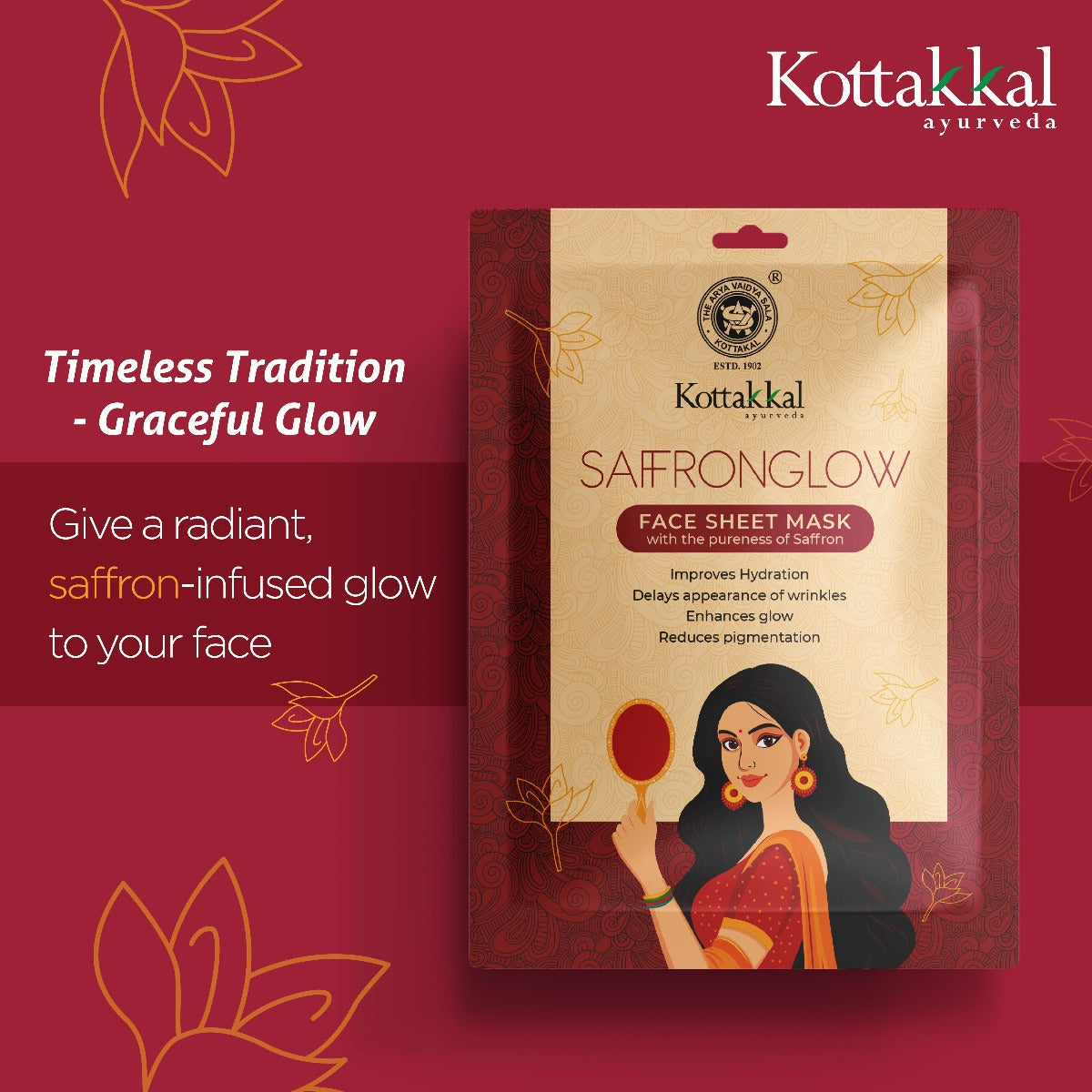 Saffronglow-Face Sheet Mask | Kottakkal Ayurveda (Pack of 1 Sheet)