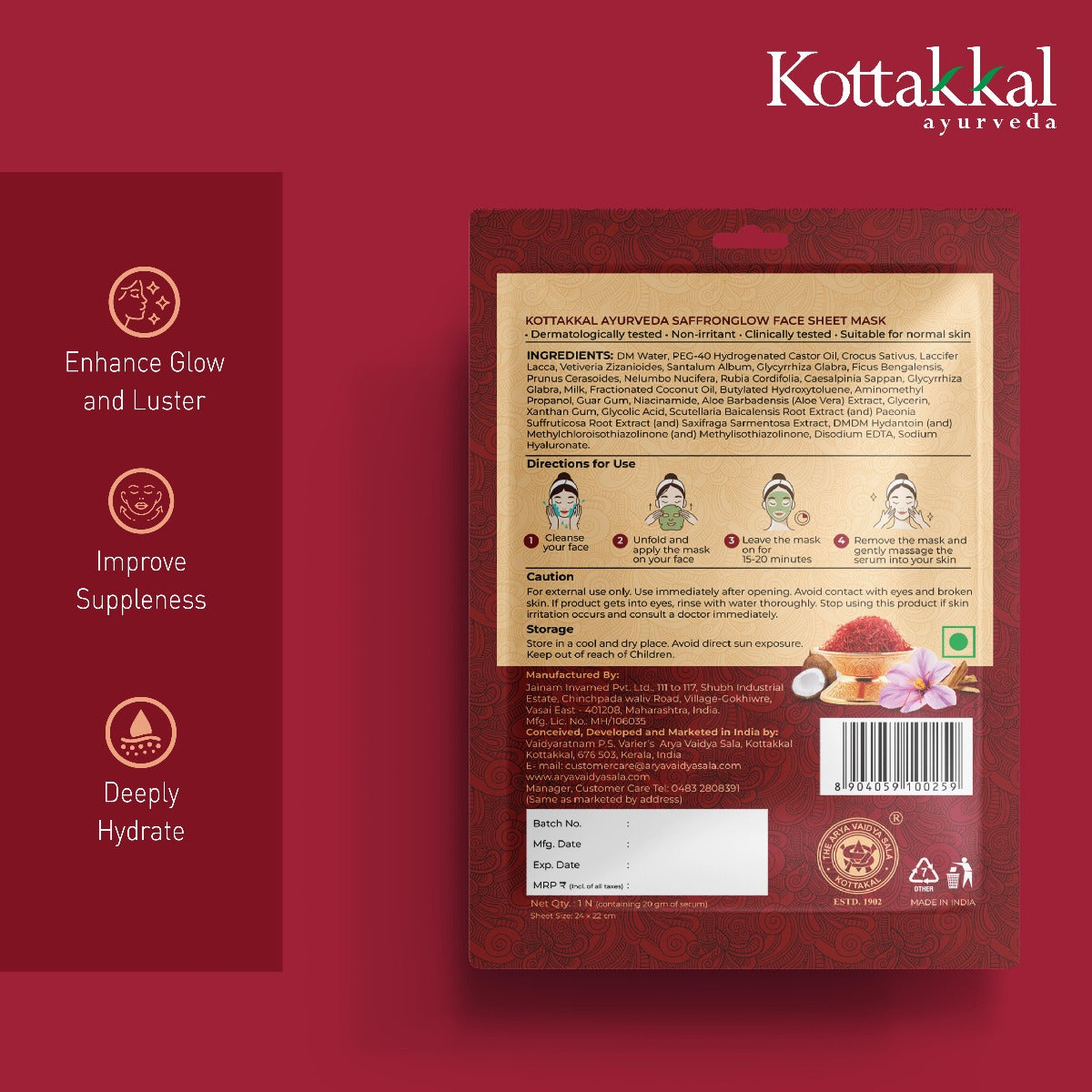 Saffronglow-Face Sheet Mask | Kottakkal Ayurveda (Pack of 1 Sheet)